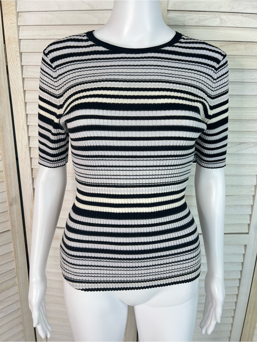 Theory Black and White Merino Wool Striped Ribbed Short-Sleeve Top